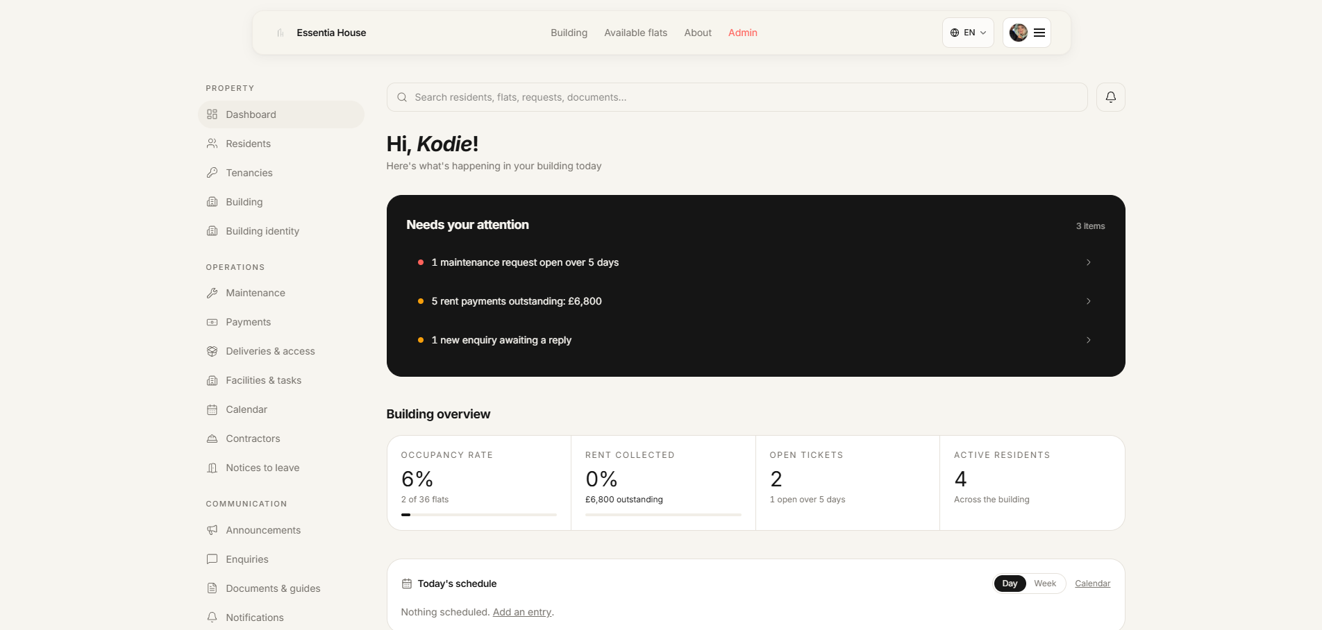 Property management dashboard showing occupancy, rent roll and open maintenance tickets